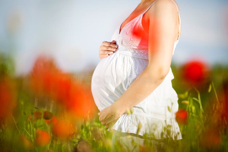 Pregnant happy woman in a flowering poppy field