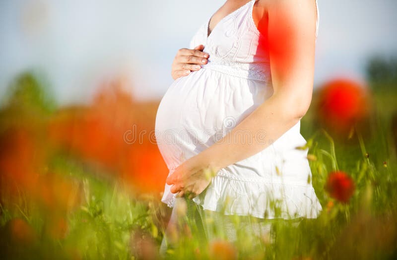 Pregnant happy woman in a flowering poppy field