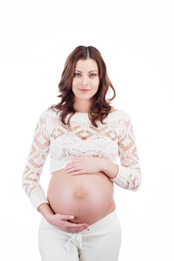 Pregnant happy woman hold her belly with hands