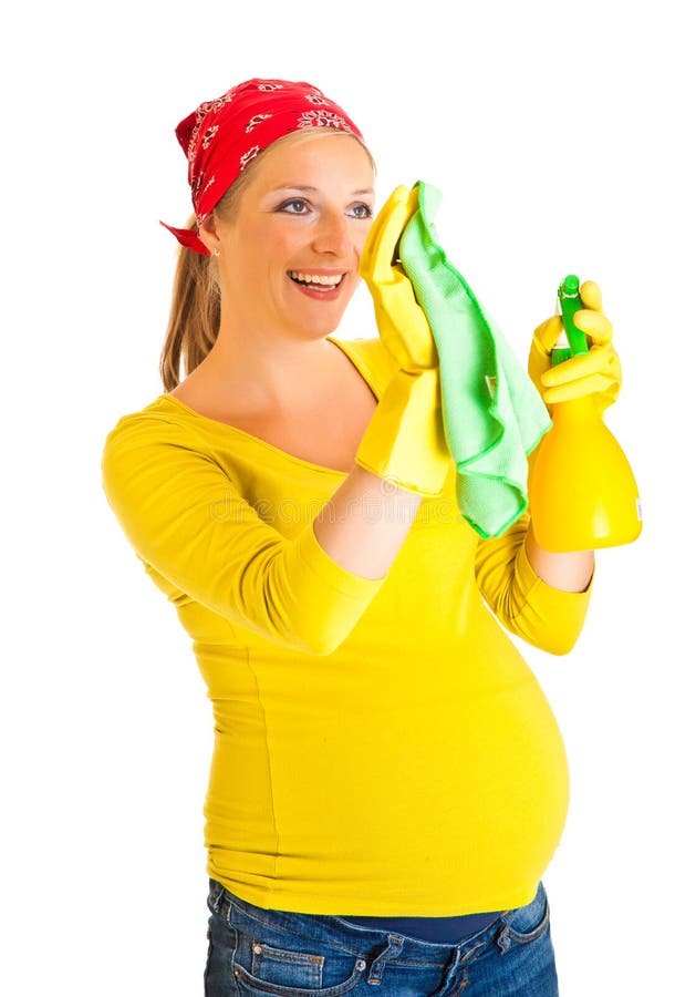 Pregnant woman cleaning glass