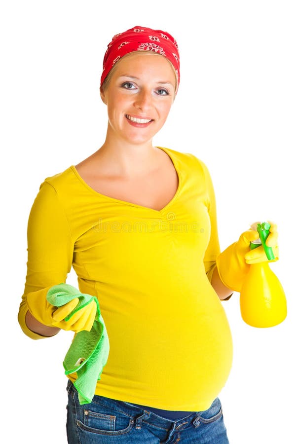 Pregnant woman cleaning glass