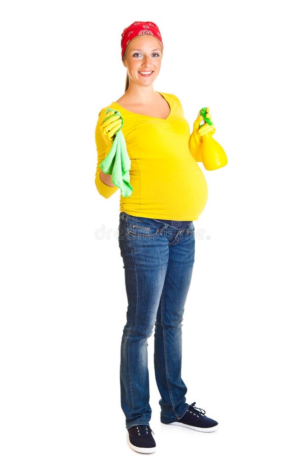Pregnant woman cleaning glass