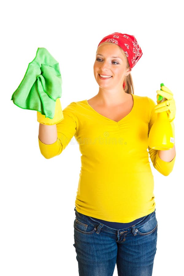 Pregnant woman cleaning glass