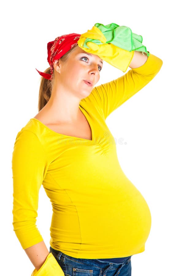 Pregnant woman cleaning glass