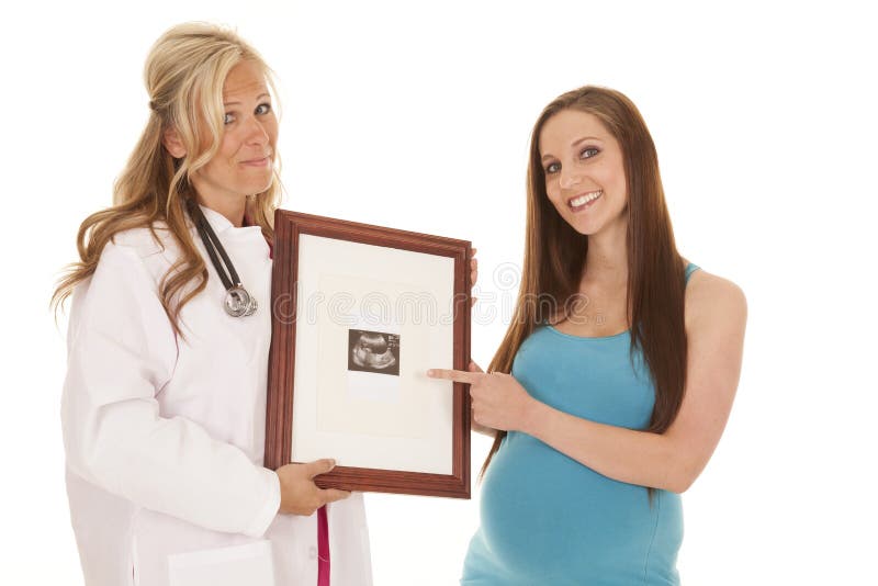Pregnant woman doctor and ultrasound pointing