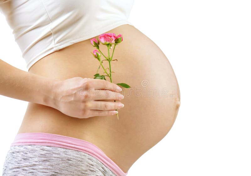 Pregnant Woman holding her hands with flower on her baby bump.