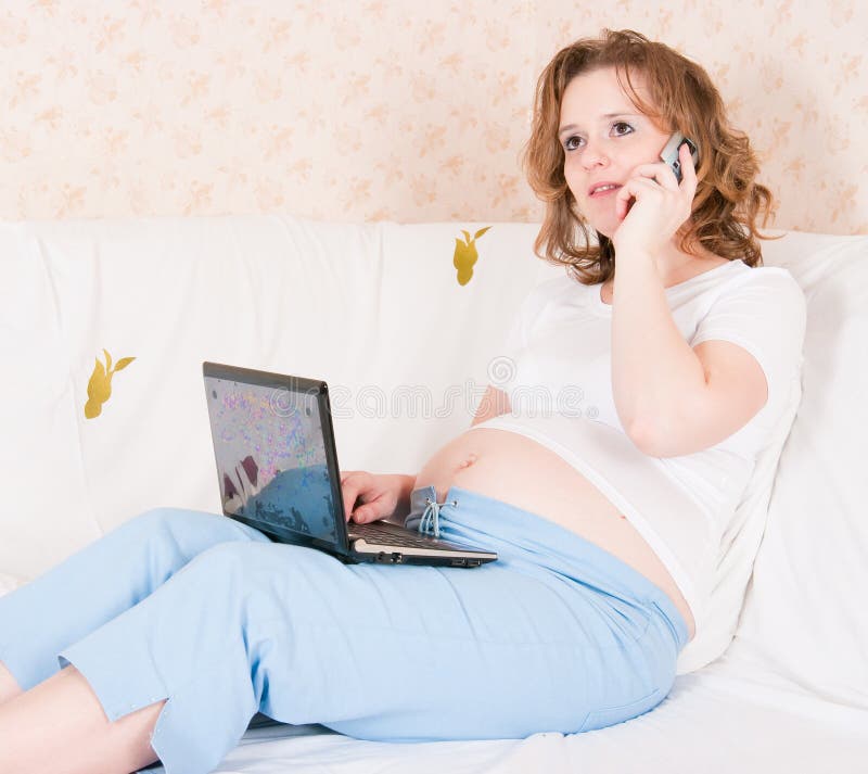 The pregnant woman with the laptop and phone