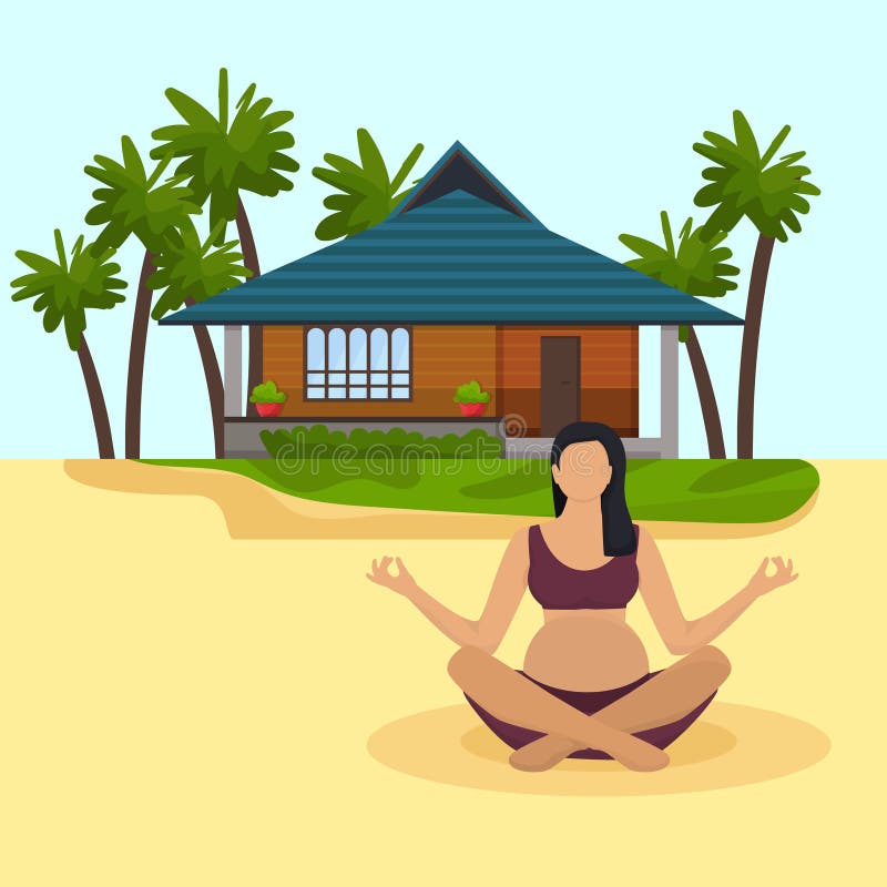 Pregnant Woman Sit on Sandy Beach in Lotus Position Vector