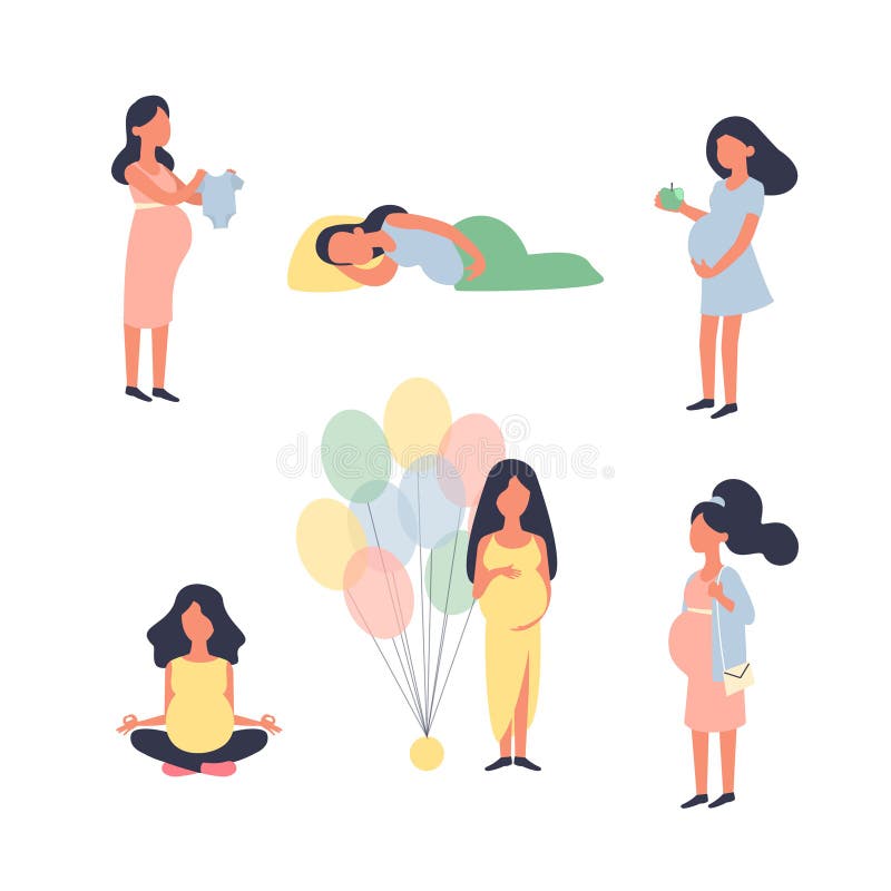 Pregnant woman. Pregnancy vector illustration set. Yoga, walk, sleep, baby shower and other situations. Character vector