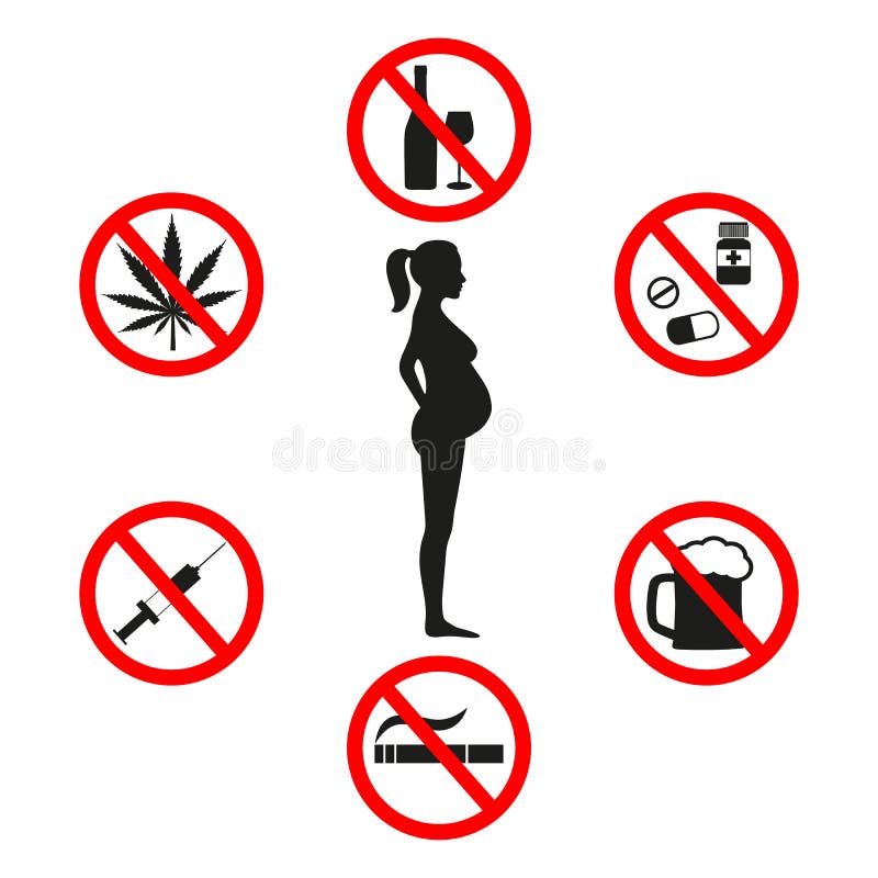Pregnant woman, stylized symbol, pictured on white background. Signs No drugs. No smoking. No to alcohol.
