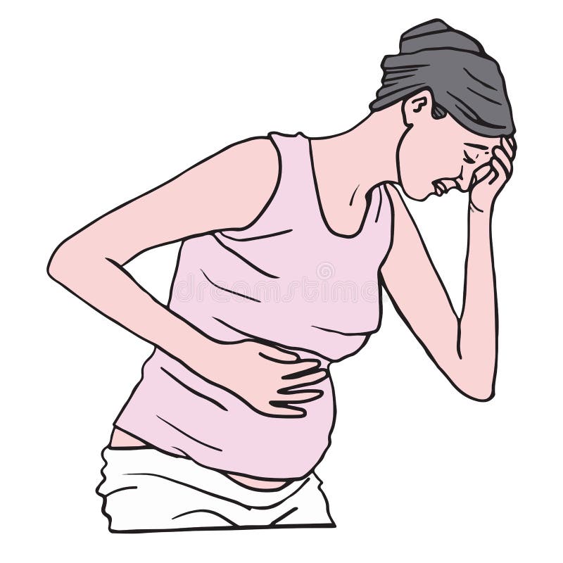 Pregnant Woman Suffering with Nausea in the Morning. Vector Illustration Drawing