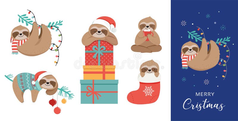 Preguiças bonitos, ilustrações engraçadas do Natal com trajes de Santa Claus, chapéu e lenços, grupo de cartões, bandeira ilustração do vetor Preguiças bonitos, ilustrações engraçadas do Natal com trajes de Santa Claus, chapéu e lenços, grupo de cartões, bandeira ilustração do vetor