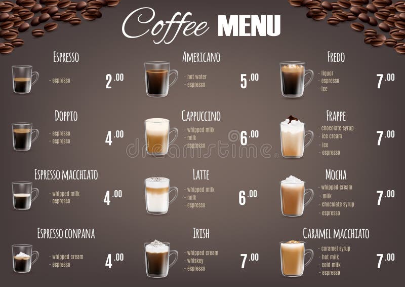 Coffee menu price list for cafe, restaurant, coffeehouse, shop, vector template. Realistic coffee mugs with hot and cold drinks, their names and composition. Coffee menu price list for cafe, restaurant, coffeehouse, shop, vector template. Realistic coffee mugs with hot and cold drinks, their names and composition.