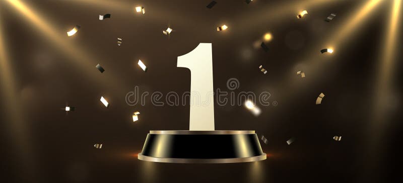 Preisträger. Golden Number One on podium with fallende confetti. vektor abbildung