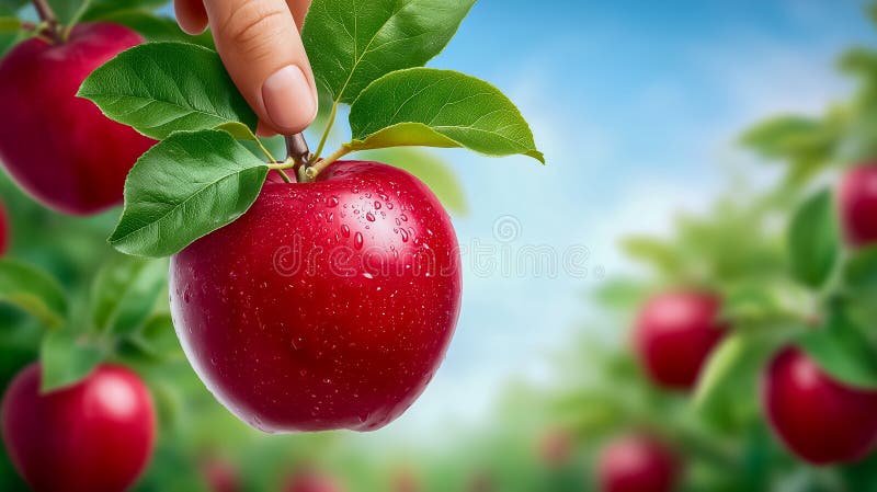 Prelevare mele rosse fresche da un albero nel frutteto vibrante. Sfondo luminoso con cielo azzurro per focalizzare l'attenzione su immagini stock