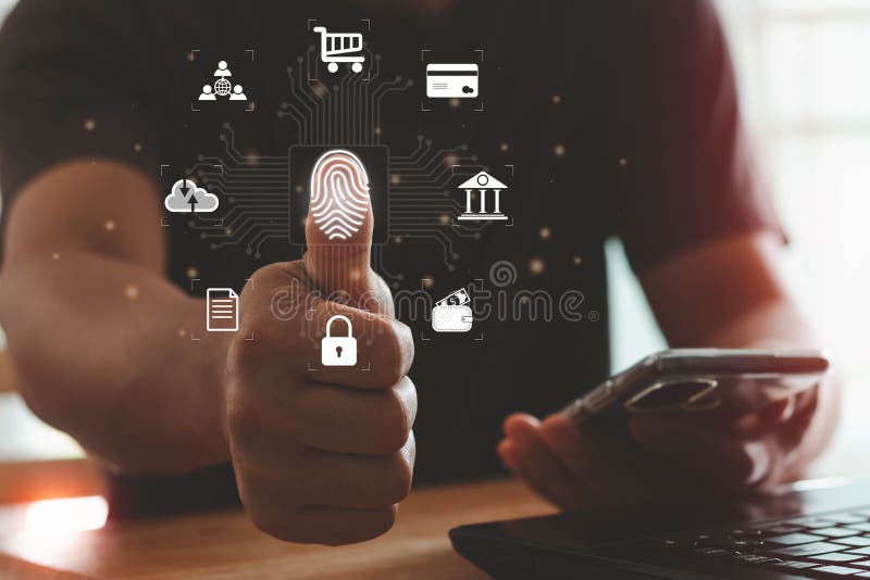 Prelucrarea digitală futuristă a scanerului biometric de identificare a amprentelor digitale pentru accesarea datelor financiare c royalty free stock photos