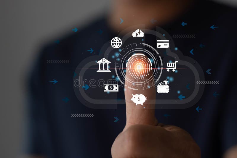 Prelucrarea digitală futuristă a scanerului biometric de identificare a amprentelor digitale pentru accesarea datelor financiare c royalty free stock photo