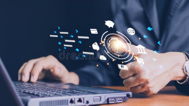 Prelucrarea digitală futuristă a scanerului biometric de identificare a amprentelor digitale pentru accesarea datelor financiare c royalty free stock images