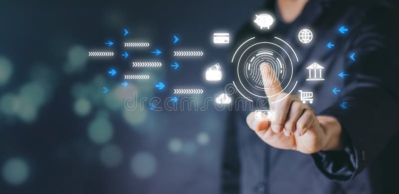 Prelucrarea digitală futuristă a scanerului biometric de identificare a amprentelor digitale pentru accesarea datelor financiare c royalty free stock images