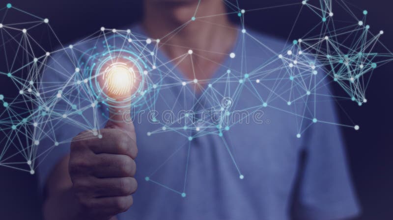 Prelucrarea prin scanare a amprentelor digitale și autentificare biometrică a datelor biometrice în vederea accesării datelor cu c stock photo