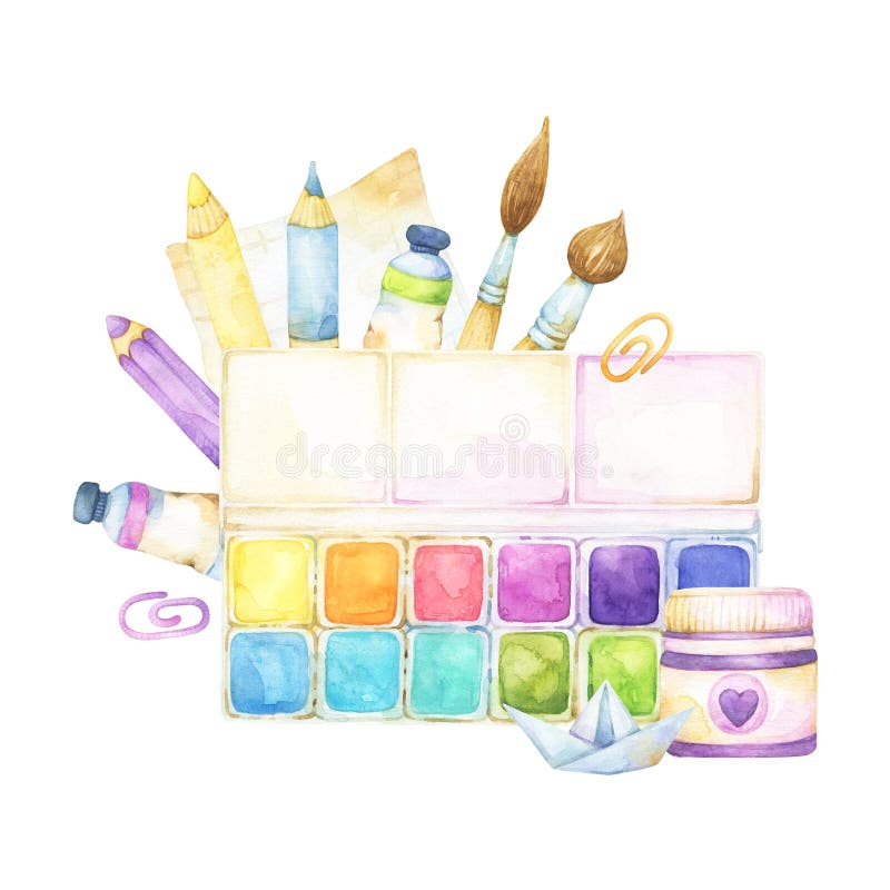 Cute set of art supplies for drawing in flat style isolated