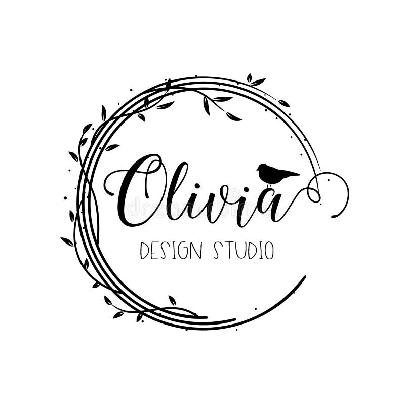 Premade logo design with floral wreath. Tree branches, leaves and little bird. Feminine logotype template royalty free illustration Premade logo design with floral wreath. Tree branches, leaves and little bird. Feminine logotype template royalty free illustration