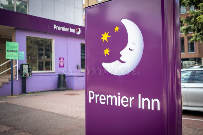 LONDON- AUGUST 3, 2023: Premier Inn logo and signage of Hammersmith branch- a large British Hotel Chain. LONDON- AUGUST 3, 2023: Premier Inn logo and signage of Hammersmith branch- a large British Hotel Chain