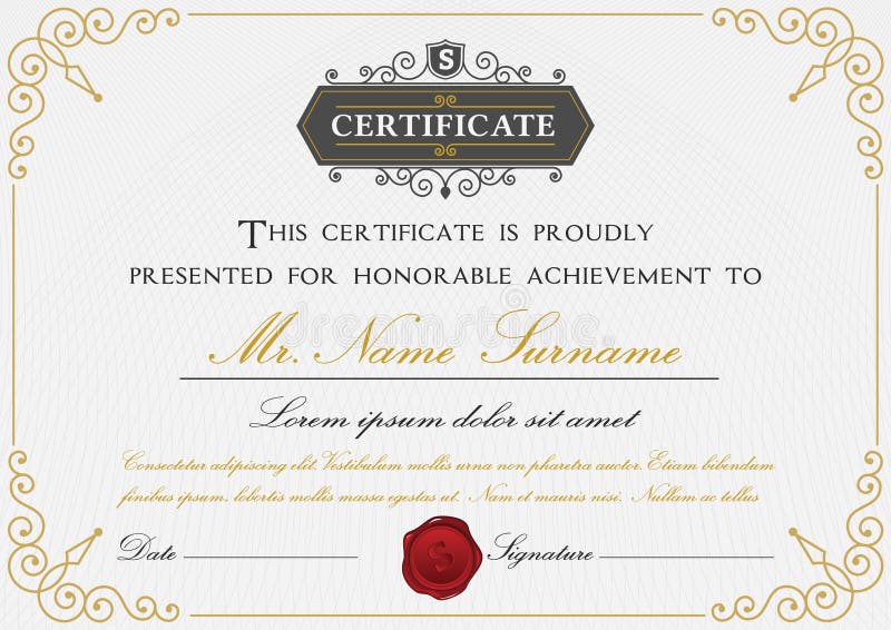 Premium certificate template design with border, sealing wax and emblem on with background || A4 size Bleed || Vector illustration. Premium certificate template design with border, sealing wax and emblem on with background || A4 size Bleed || Vector illustration