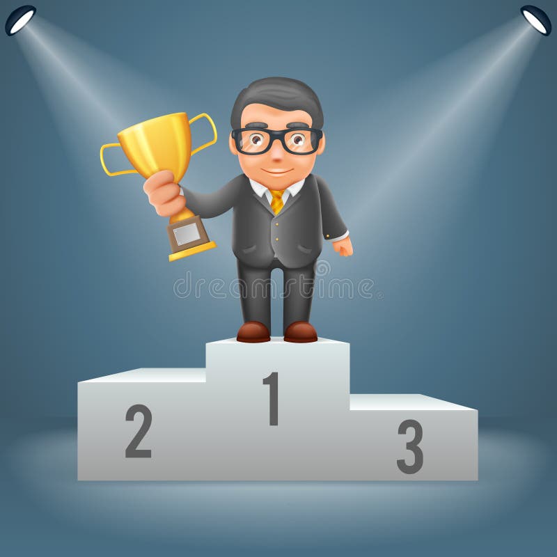 Premiul Podium Business Man pentru câștigarea premiului în cadrul ceremoniei de prezentare a unui design de desene animate 3d, ilu royalty free illustration