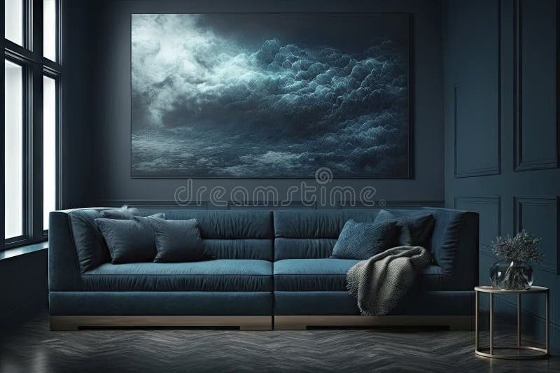 Premium Living Room in Blue Tones with Empty Wall for Art. Stock