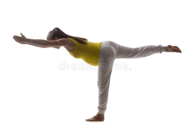 Full length silhouette of happy young pregnant fitness model in sportswear doing yoga, pilates training, Warrior III posture, Virabhadrasana 3, white background, studio, isolated. Full length silhouette of happy young pregnant fitness model in sportswear doing yoga, pilates training, Warrior III posture, Virabhadrasana 3, white background, studio, isolated