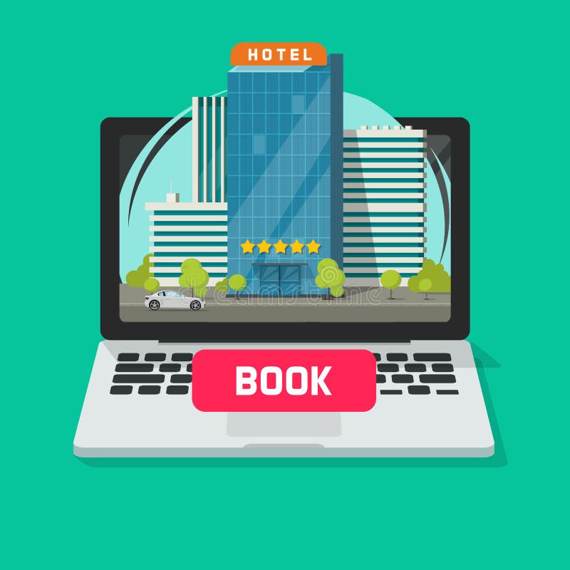 Prenotazione di hotel online facendo uso dell'illustrazione di vettore del computer, del computer portatile piano del fumetto con