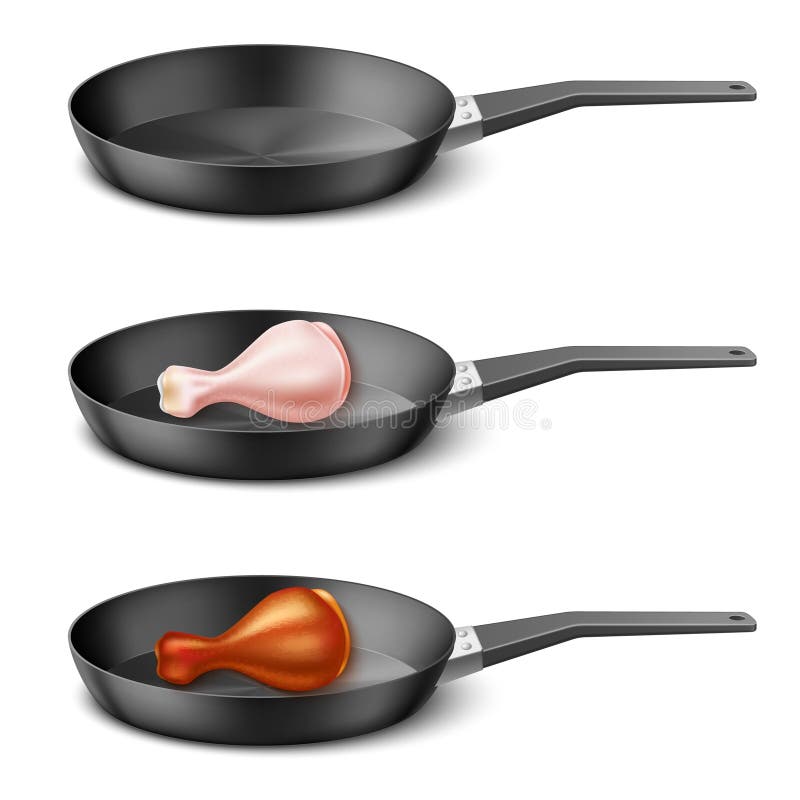 Preparación de la pierna de pollo frito. Cocina de alimentos de carne de pavo frita o de aves de corral sin teflón ilustración del vector