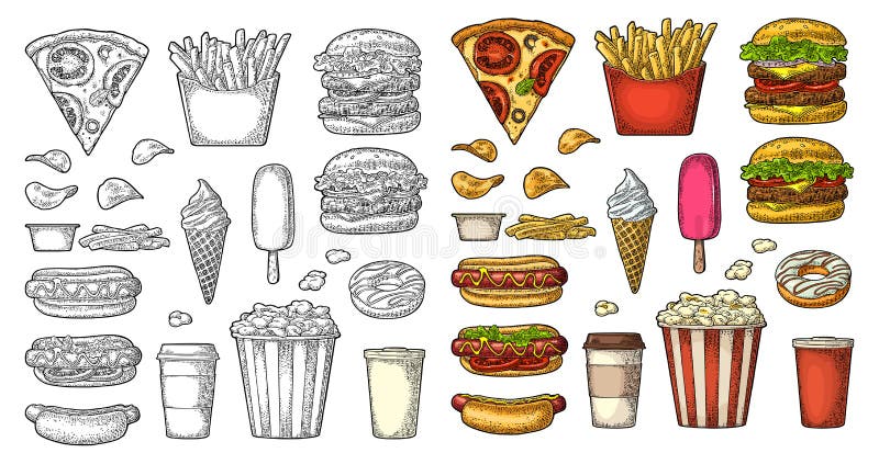 Set fast food. Cup cola, coffee, hamburger, pizza, hotdog, fry potato, carton bucket popcorn, ketchup, donut, ice cream, popsicle, chips Vector vintage color engraving illustration isolated on white. Set fast food. Cup cola, coffee, hamburger, pizza, hotdog, fry potato, carton bucket popcorn, ketchup, donut, ice cream, popsicle, chips Vector vintage color engraving illustration isolated on white