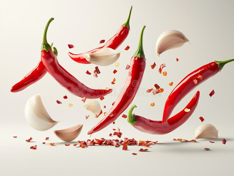 Preparatele din ardei iuți roșii și preparatele din ardei iute și fulgii uscați de ardei iute creează o compoziție vibrantă și din stock images