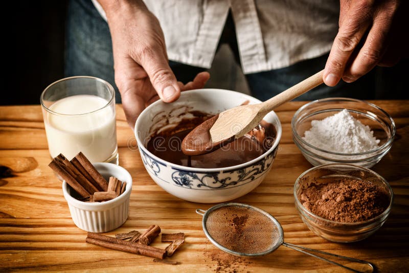 Preparation Of A Chocolate Cake With A Cherry. Traditional American