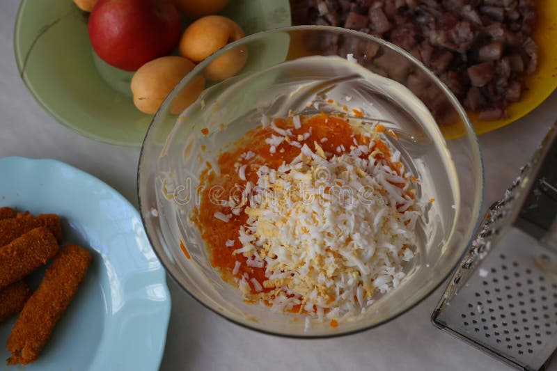 Preparation of Dressed Herring or Herring Under a Fur Coat Stock Photo