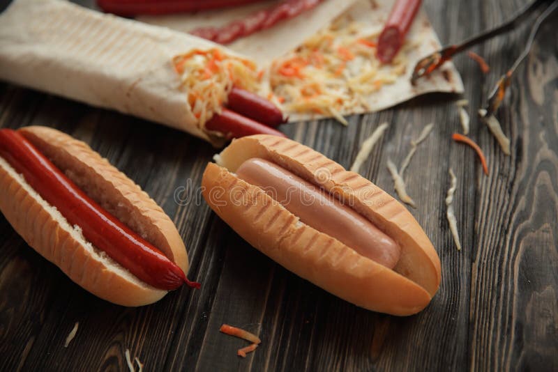 Preparation of Hot Dogs with Sausage and Sausages Stock Photo Image
