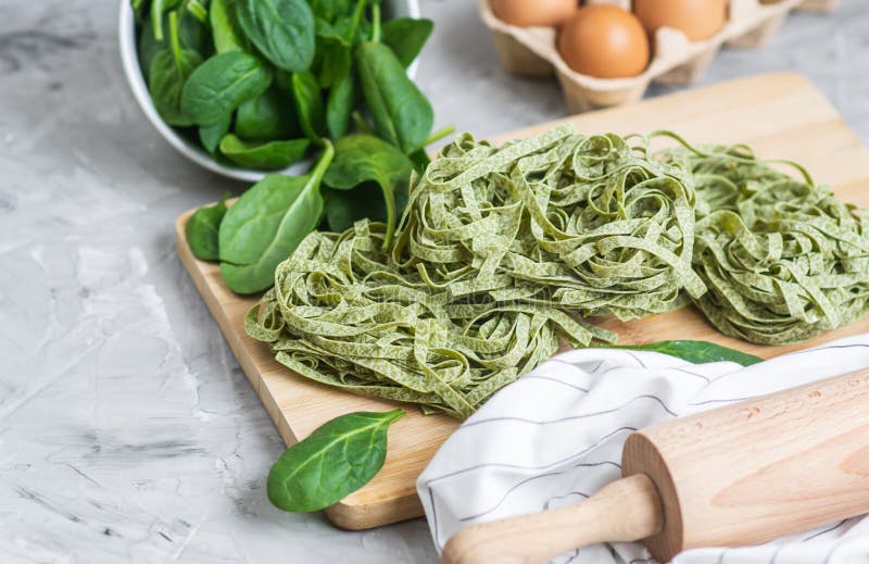 Preparation Italian Raw Homemade Green Spinach Pasta Tagliatelle Cooking Baking Kitchen Table Different Ingredients