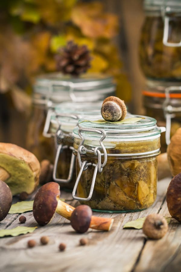Preparation Kitchen Mushrooms Marinated Jars Wooden Table Stock Photo