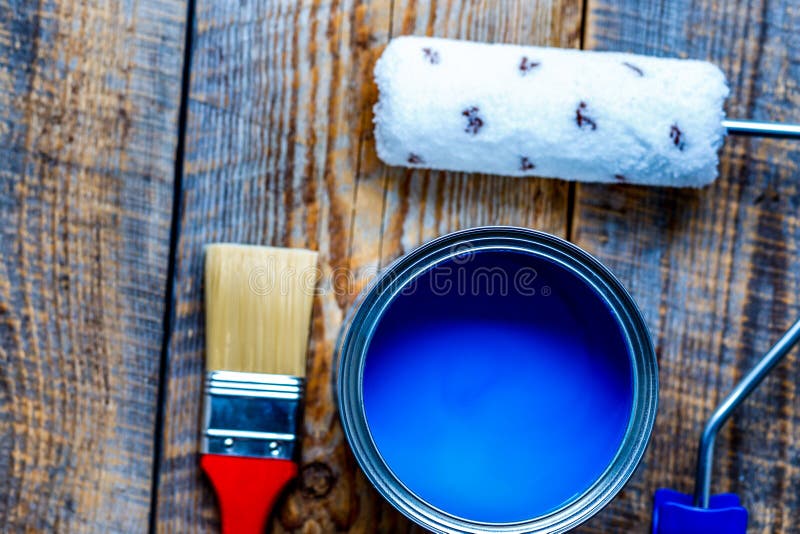 Preparation for Painting with Can of Blue Paint Top View Stock Photo Image of group