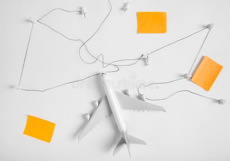Preparation for Traveling concept, push pin, string, paper noted. stock images