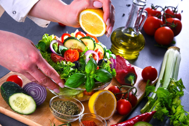 Preparation Of A Vegetable Salad From Fresh Organic Ingredients Stock