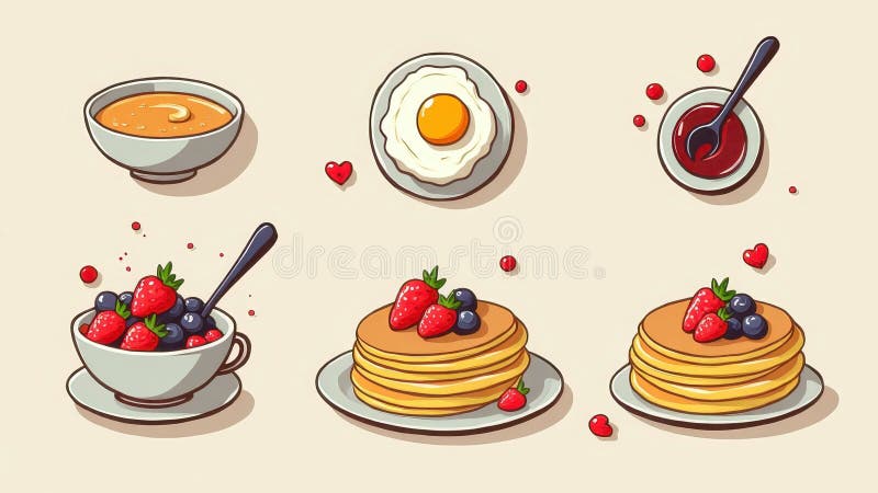 Preparato per colazione delizioso con pancake, bacche di uova fritte e caffè illustrazione vettoriale