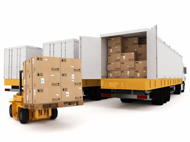 Loading stack of packed boxes on truck. Stack vehicle illustrations