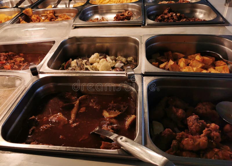 prepared dishes in the shop window restaurant, self service bufet.