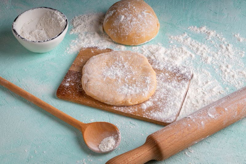 Preparing Dough for Bakery. Ravioli Dough and Flour Stock Photo Image