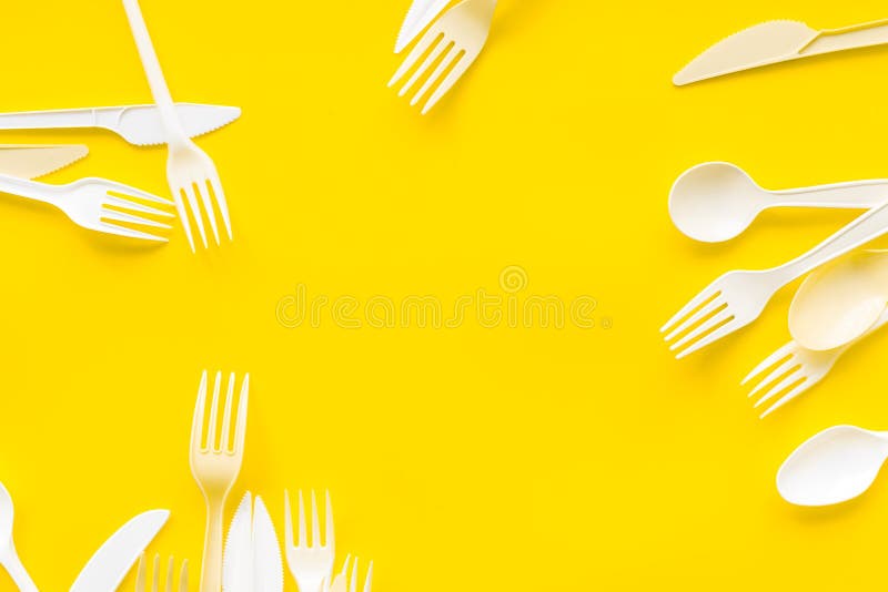 Preparing Food Concept for Restaurant Menu with Plastic Flatware Frame on Yellow  Background Top View Stock Image - Image of recycling, disposable: 144344047