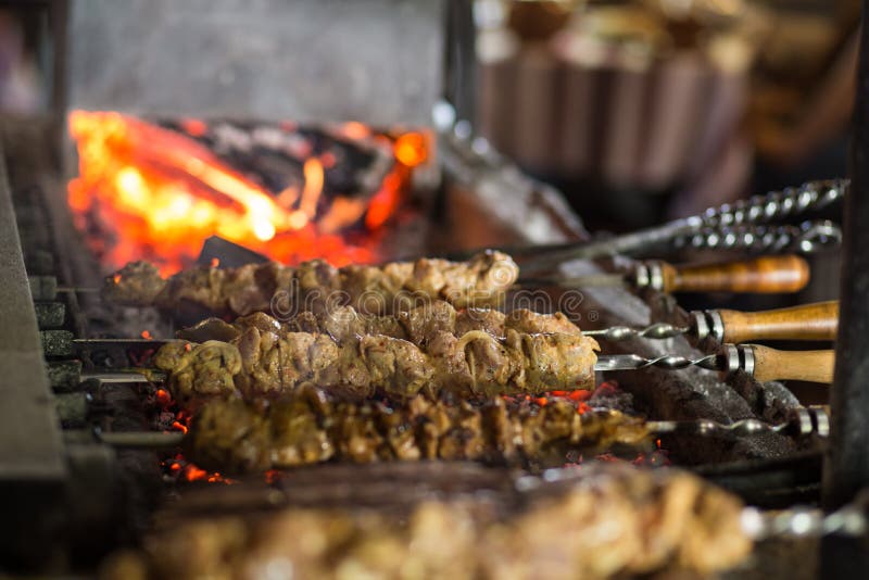 Preparing Grilled Skewed Meat on Bbq in Restaurant Stock Image Image