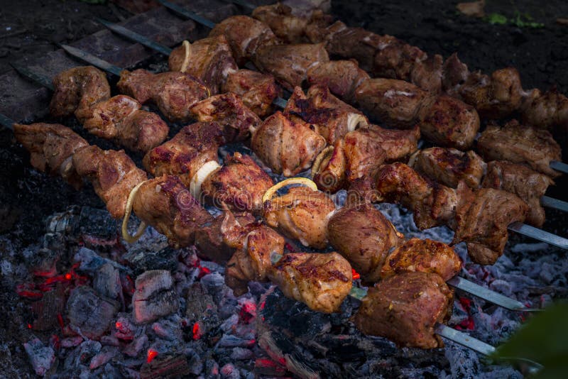 Shashlik or shashlyk (meaning skewered meat) was originally made of lamb,  Stock Photo, Picture And Low Budget Royalty Free Image. Pic. ESY-063164676